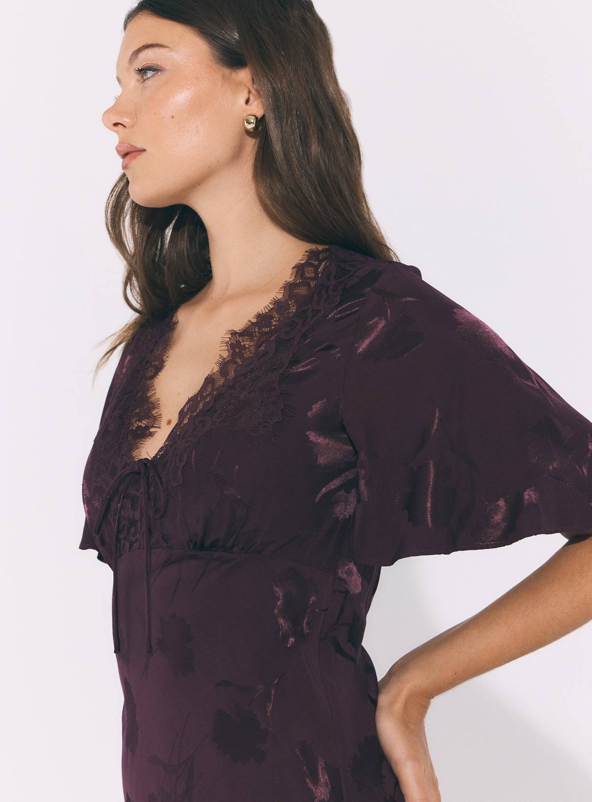Burgundy Fluted Sleeve Jacquard Tea Dress 14 - Image 2